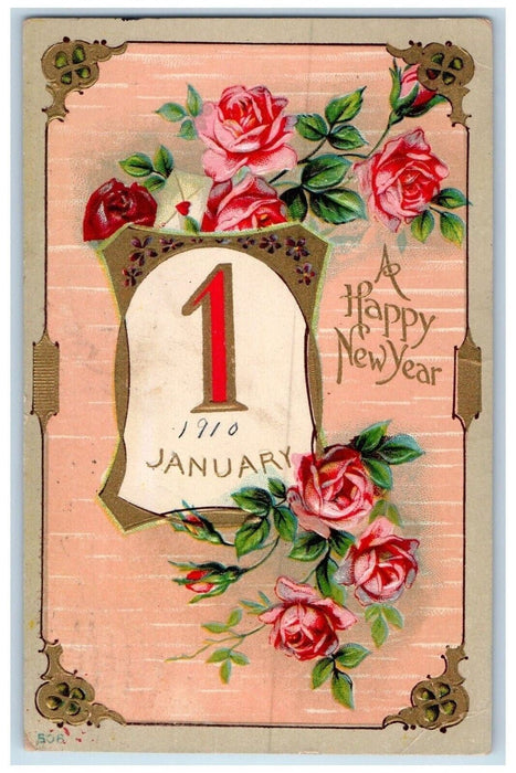 1910 Happy New Year Calendar Pink Roses Flowers Embossed Altoona PA Postcard