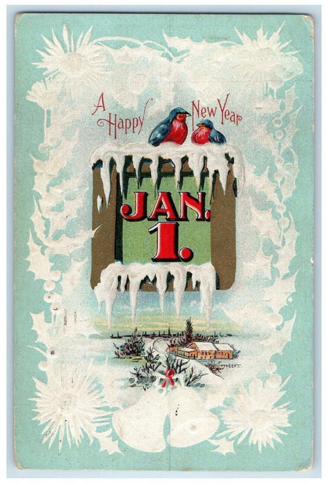 1914 Happy New Year Jan 1 Calendar Birds Winter Shamokin PA Embossed Postcard