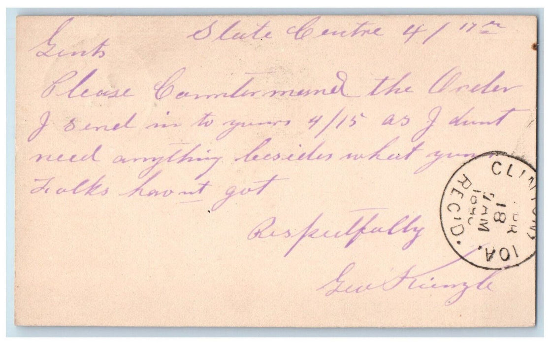c1880's Order Message State Center Iowa IA Clinton Iowa IA Posted Postal Card