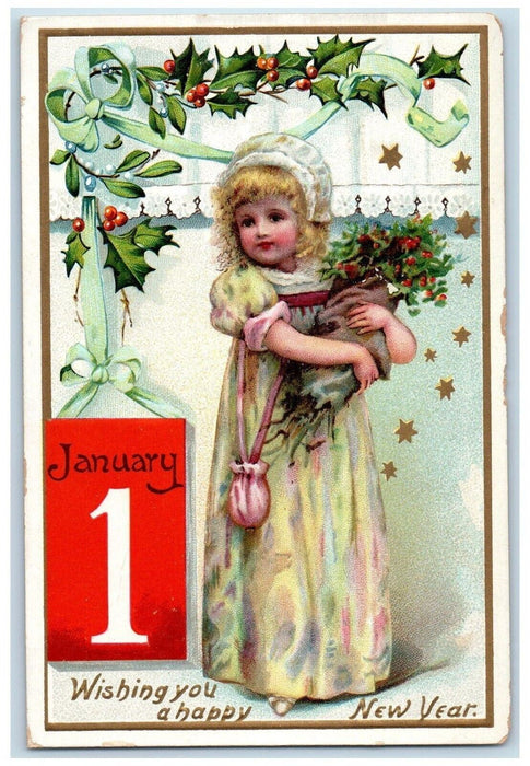 1909 Happy New Year January 1 Girl Pouch Holly Berries Stars Tuck's Postcard