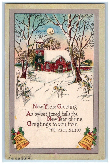 c1910's New Year Greetings House Bell Tower Winter Wadsworth Ohio OH Postcard