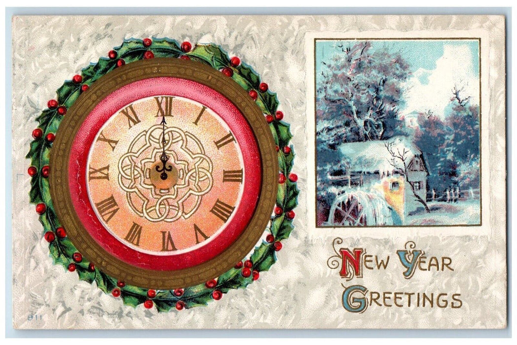 1912 New Year Greetings Clock Whreat House Winter Washington DC Antique Postcard