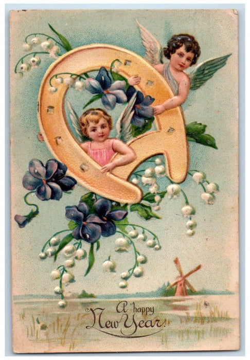 1908 New Year Angels Holding Horseshoe Flowers Windmill Washington DC Postcard