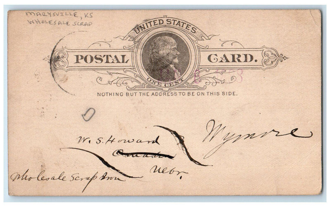 1888 Maryville Kansas KS Omaha Nebraska NE Wholesale Scrap Postal Card