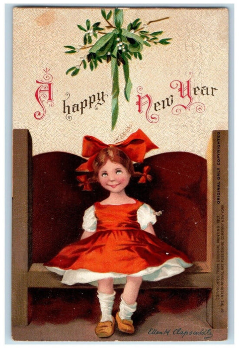 1907 Happy New Year Little Girl Under Mistletoe Ellen H Clapsaddle Postcard