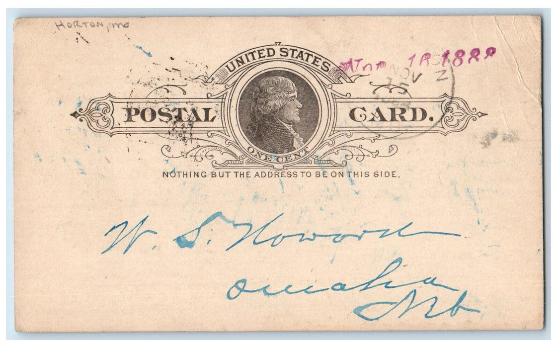 1888 Horton Missouri MO Omaha Nebraska NE Posted Antique Postal Card