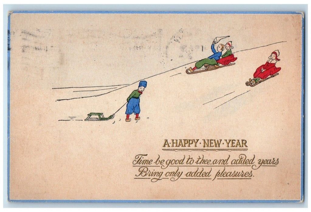 1912 Happy New Year Dutch Kid Sleigh Embossed Tuck's Norwich CT Antique Postcard