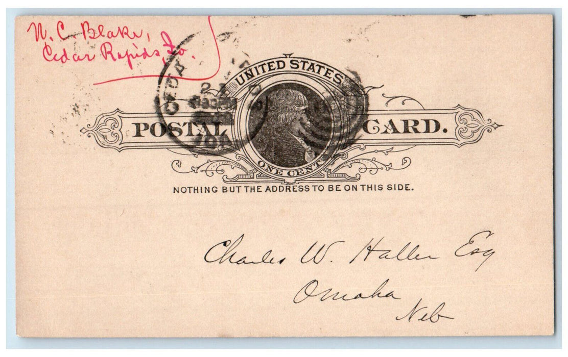 1888 U.C. Blake Attorney at Law Cedar Rapids Iowa IA Antique Postal Card
