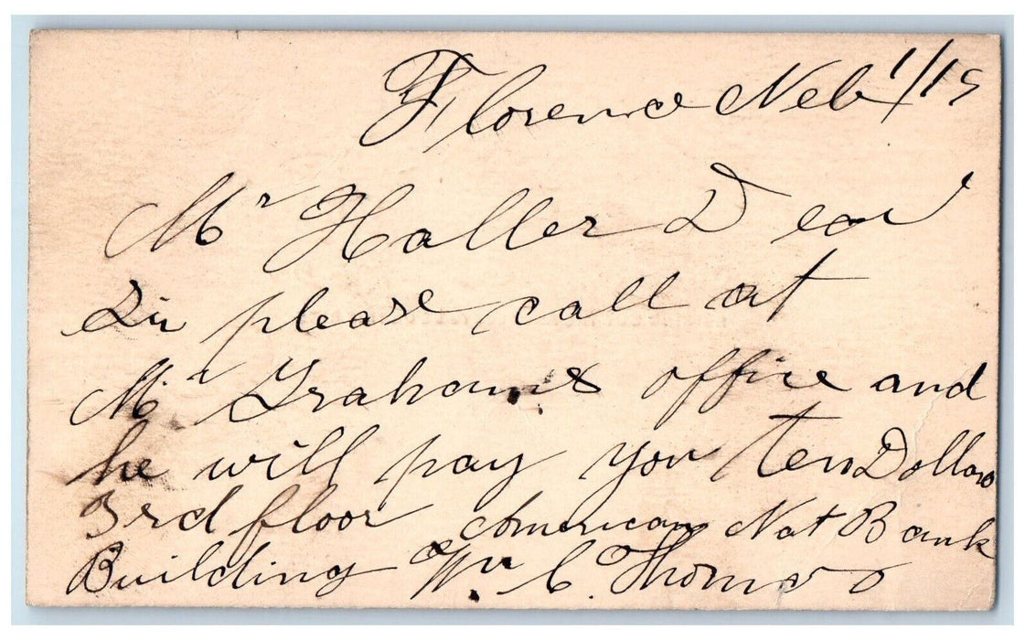 c1880's WC Thomas Florence Nebraska NE Omaha Nebraska NE Posted Postal Card