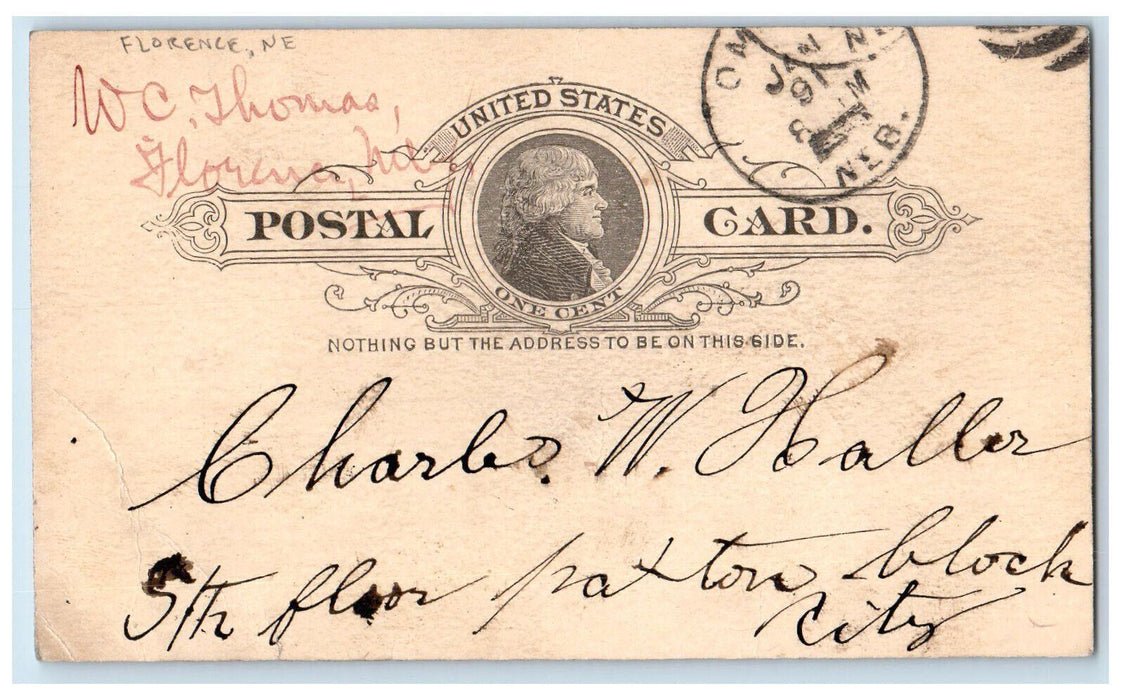c1880's WC Thomas Florence Nebraska NE Omaha Nebraska NE Posted Postal Card