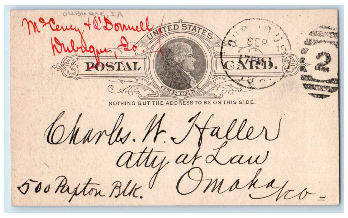 c1880's McCevey & O'Donnell Dubuque Iowa IA Omaha Nebraska NE Postal Card