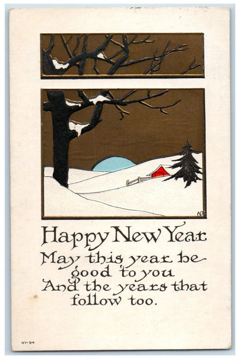 c1910's Happy New Year Arts Crafts House Pine Tree Shelton CT Embossed Postcard