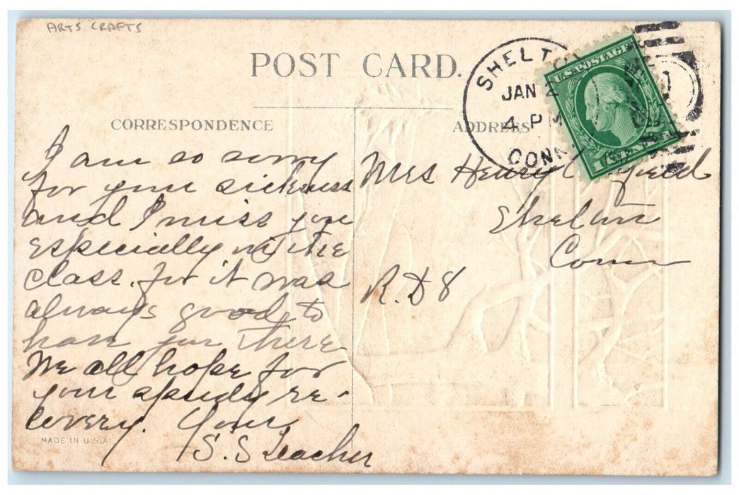 c1910's Happy New Year Arts Crafts House Pine Tree Shelton CT Embossed Postcard