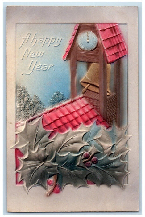 1903 New Year Bell Tower Holly Berries Airbrushed Embossed Antique Postcard