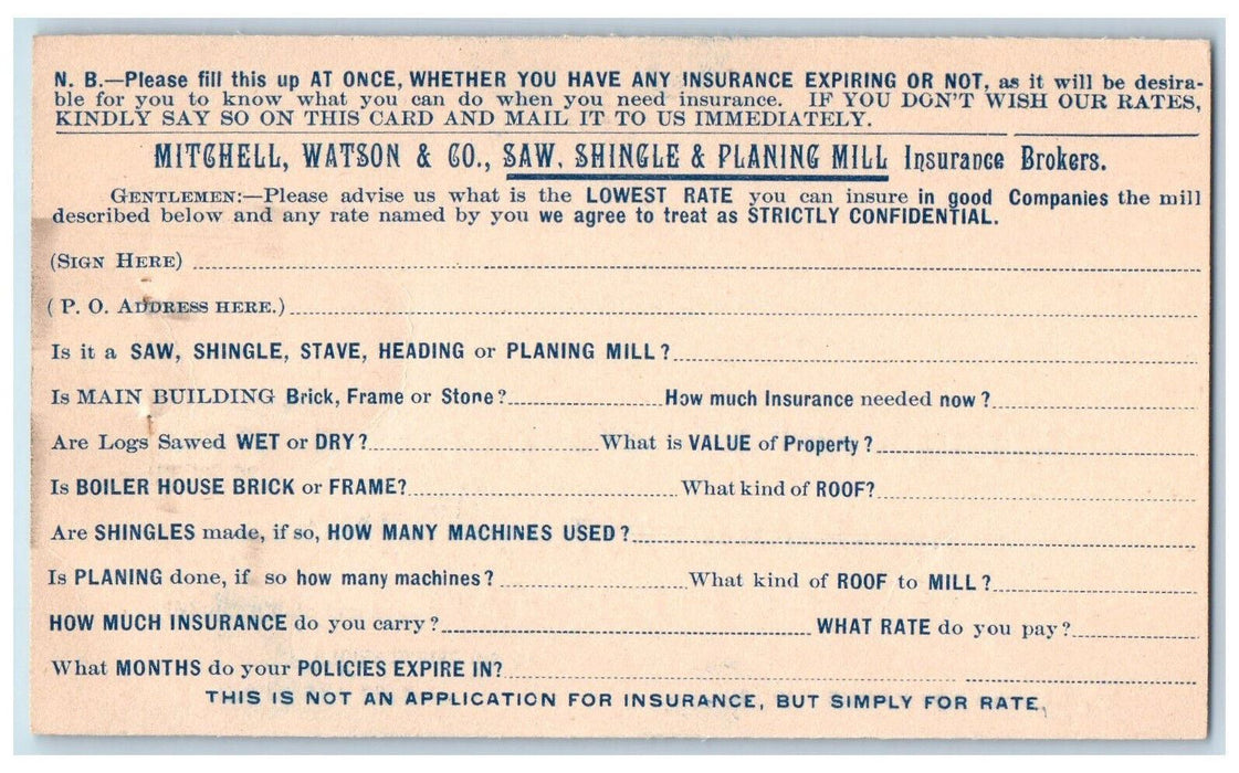c1880's Mitchell Watson & Co. Fire Insurance Chicago Illinois IL Postal Card