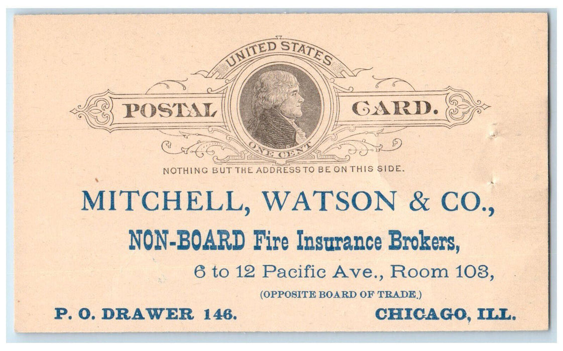 c1880's Mitchell Watson & Co. Fire Insurance Chicago Illinois IL Postal Card