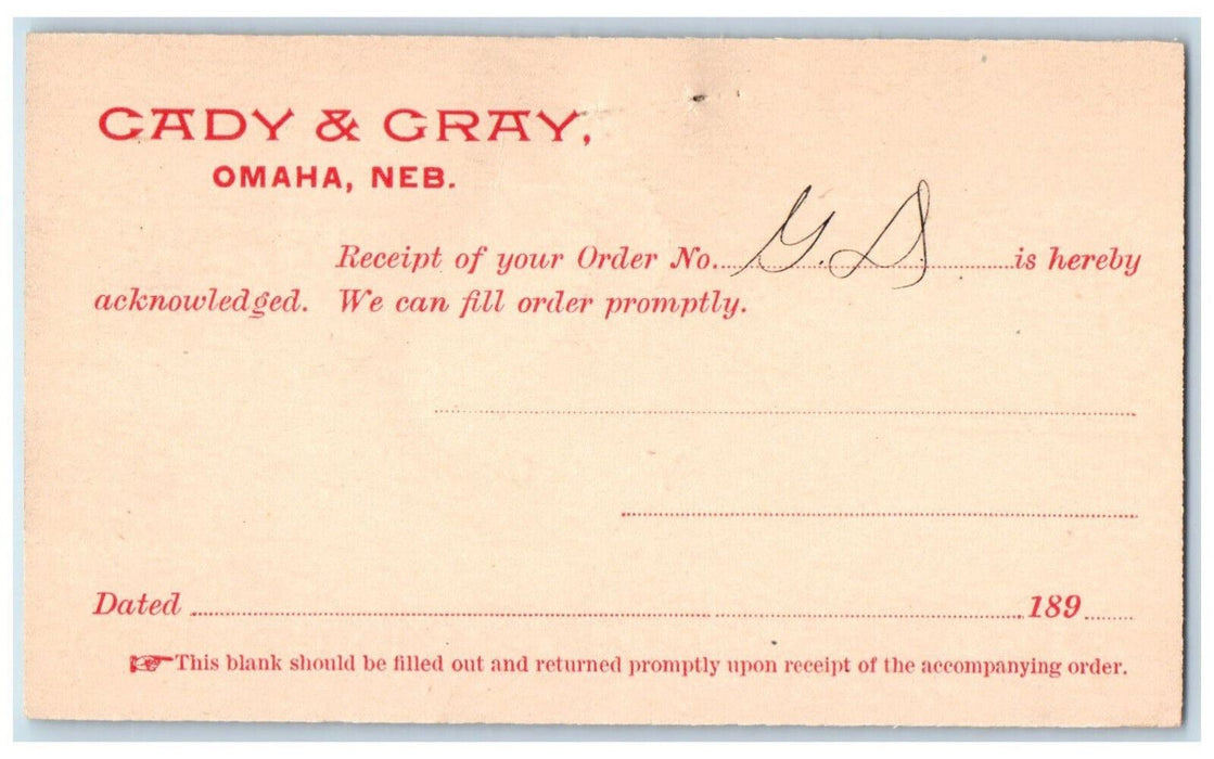 c1880's Receipt Letter Cady & Gray Omaha Nebraska NE Antique Postal Card