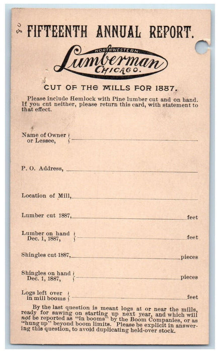 c1880's Fifteenth Annual Report Lumberman Chicago Illinois IL Postal Card