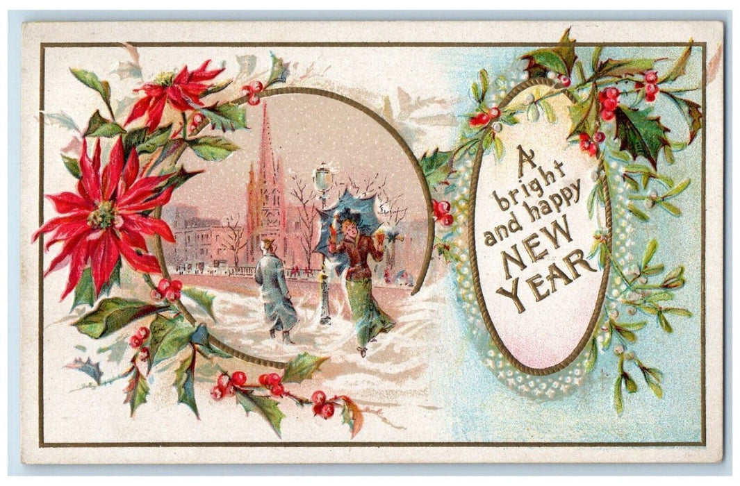 1918 Happy New Year Poinsettia Mistletoe Berries Woman Umbrella Posted Postcard