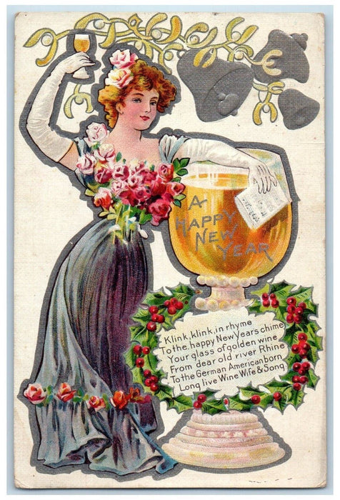 1910 New Year Pretty Woman Ringing Bell Mistletoe Berries Champagne Postcard