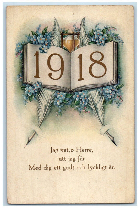 1918 New Year Pansies Flowers Hourglass Book Embossed Litchfield CT Postcard