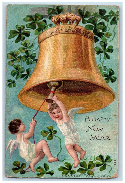 c1910's Happy New Year Angels Ringing Bell Clover Embossed Antique Postcard