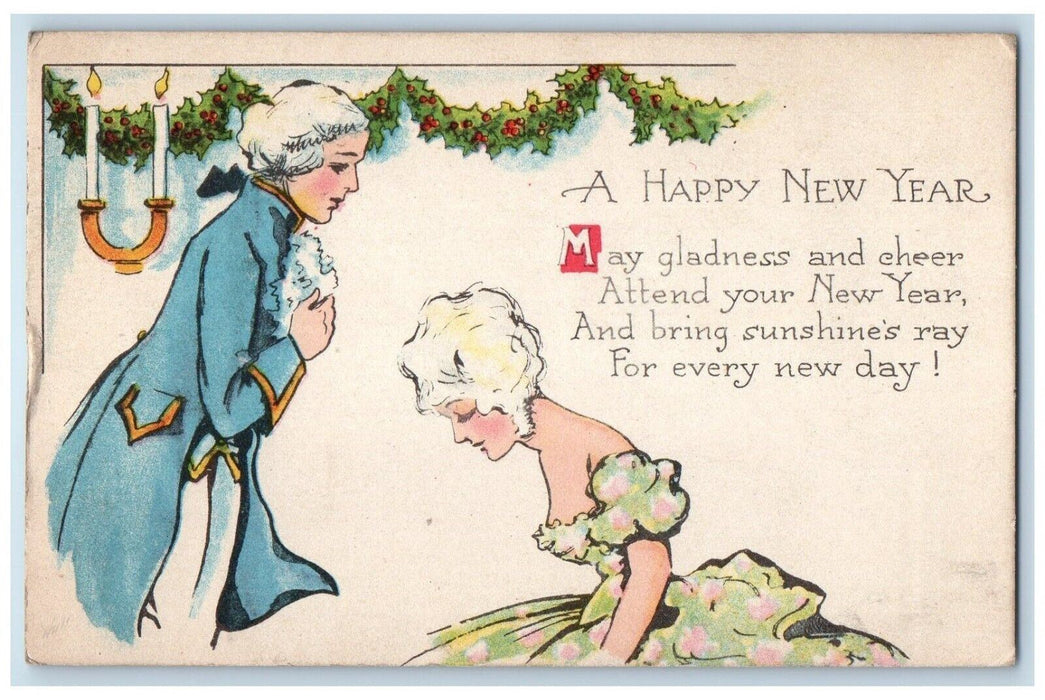 1918 New Year Colonial Pretty Woman Holly Berries Candle Lights Gibson Postcard