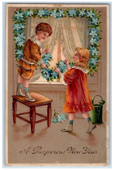 c1910's New Year Children Decorating Window Pansies Flowers Embossed Postcard