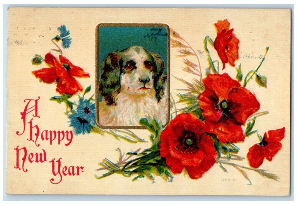 1911 Happy New Year Flowers Dog Embossed Washington DC Posted Antique Postcard