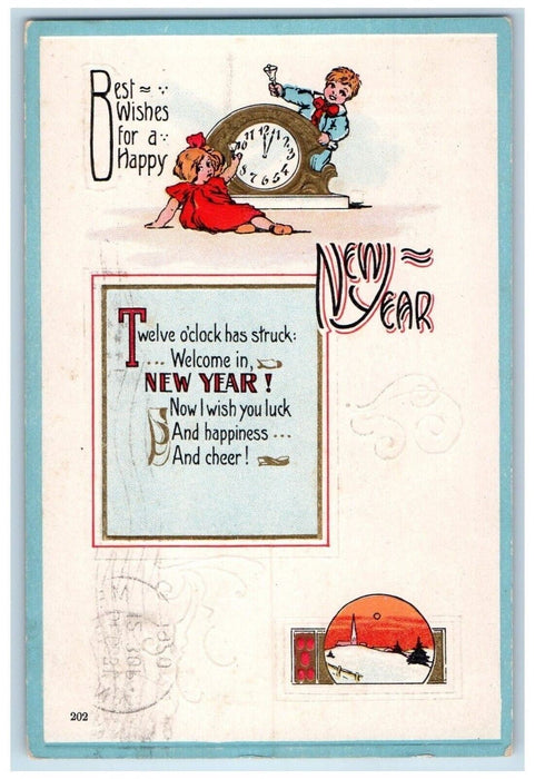 c1910's New Year Bell Midnight Children Clock Embossed Waterport NY Postcard