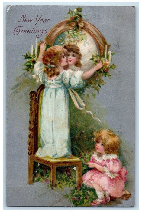 New Year Greetings Children Decorating Mirror Berries Cleveland Ohio OH Postcard