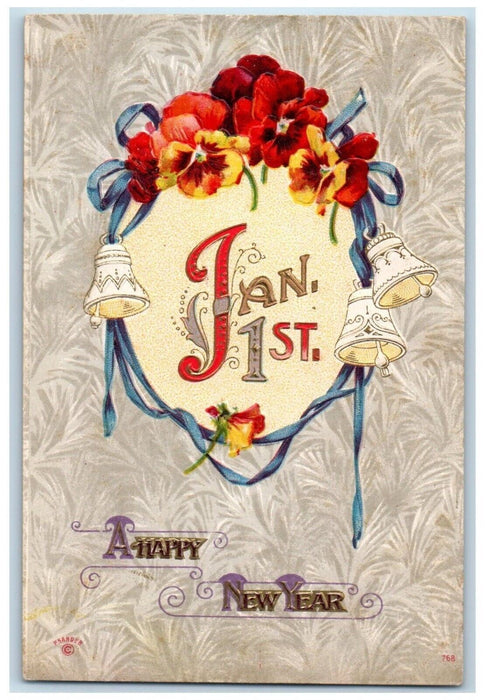 1912 New Year Jan 1st Flowers Ringing Bells Embossed Posted Antique Postcard