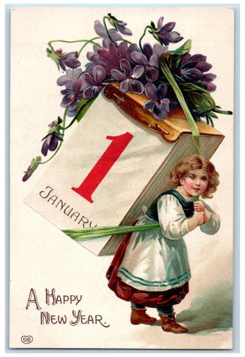 c1910's Happy New Year Girl Calendar Pansies Flowers Embossed Antique Postcard