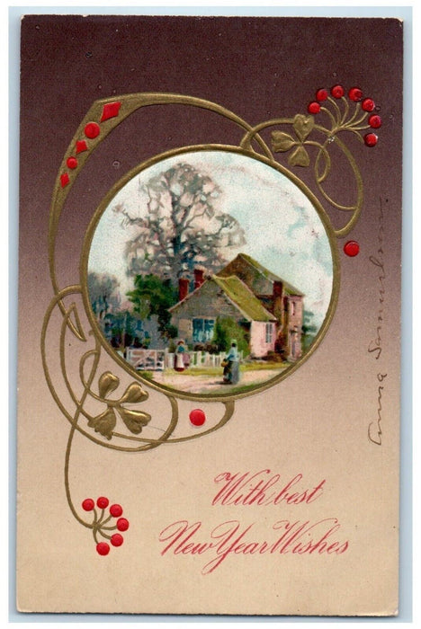 1907 New Year Wishes Houses Tree Winsch Back Embossed Posted Antique  Postcard