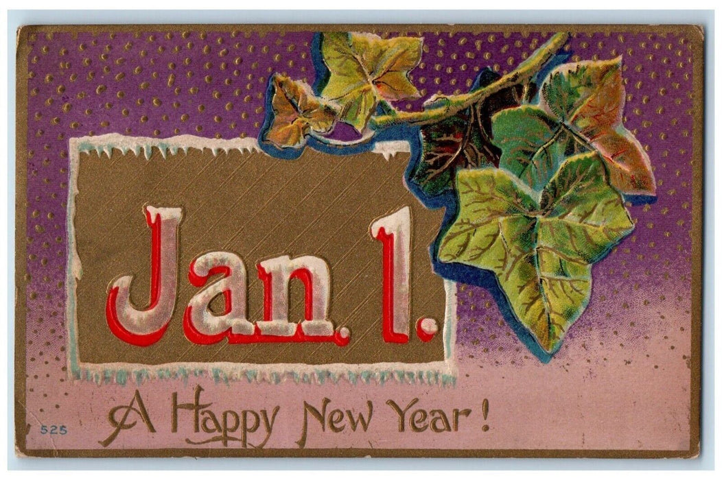 1910 Happy New Year Jan. 1 Ivy Leaf Embossed Saint Joseph MI Antique Postcard