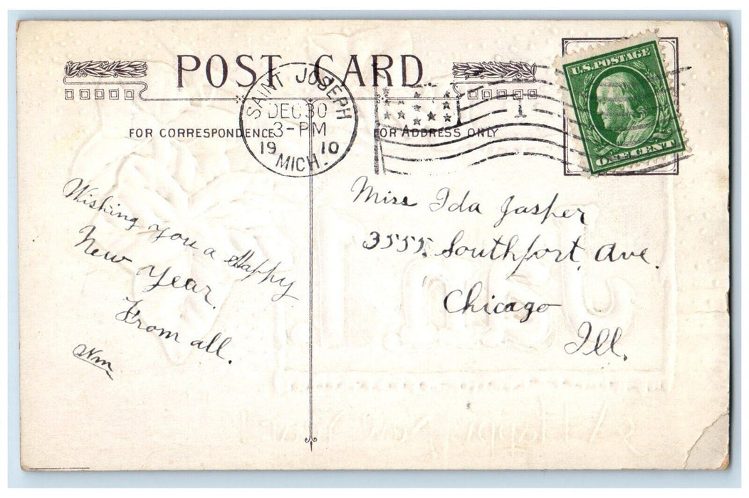 1910 Happy New Year Jan. 1 Ivy Leaf Embossed Saint Joseph MI Antique Postcard