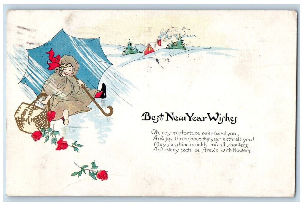 1915 New Year Wishes Woman With Umbrella Flowers In Basket House Winter Postcard