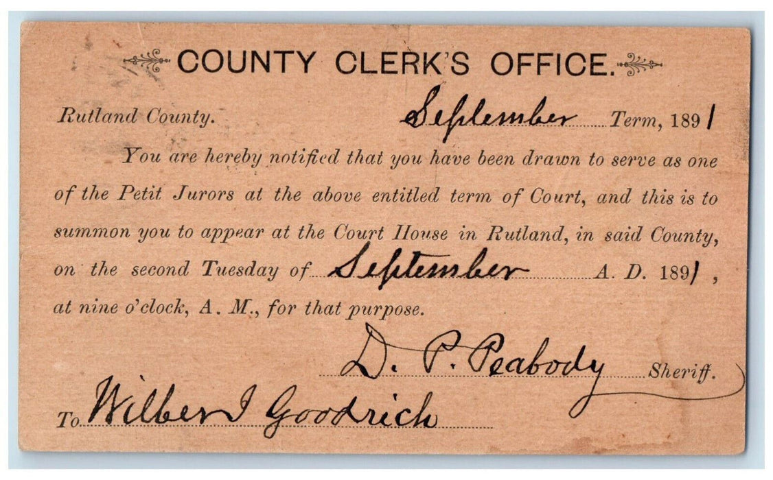 1891 County Clerk's Office Wilberg Goodrich Rutland VT Benson VT Postal Card