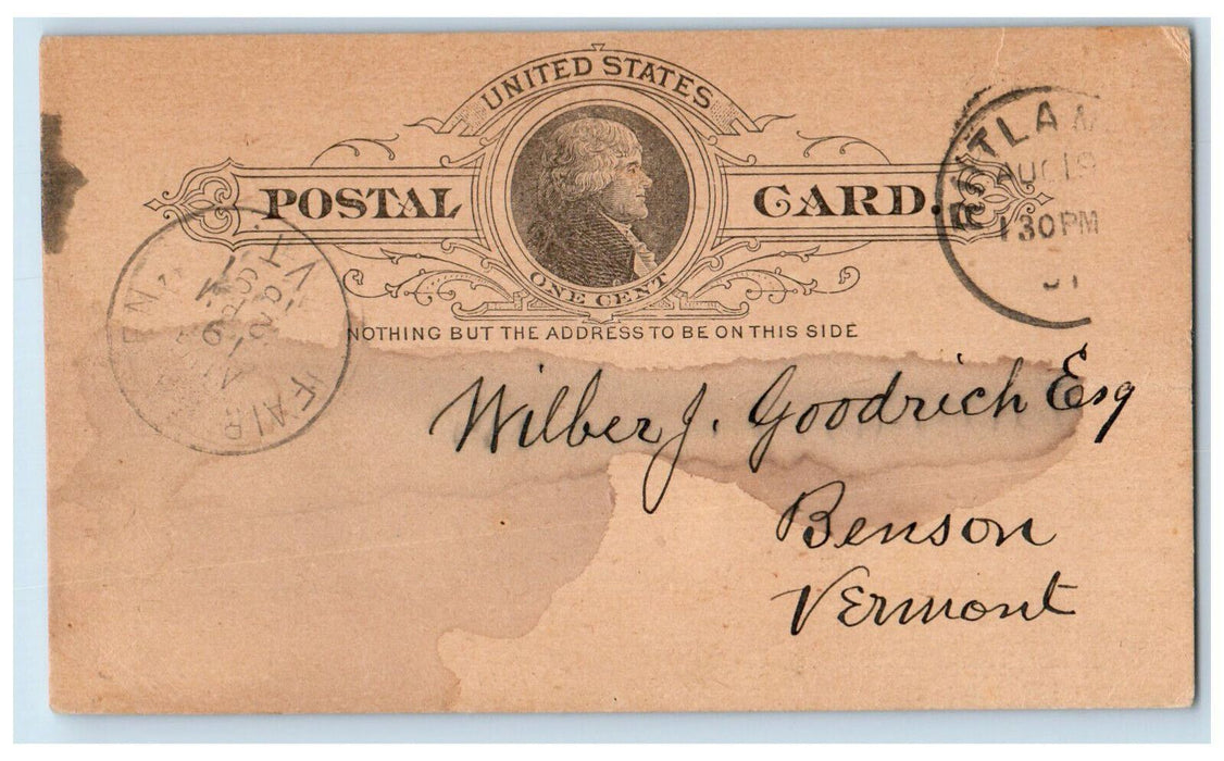 1891 County Clerk's Office Wilberg Goodrich Rutland VT Benson VT Postal Card