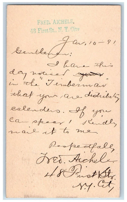 1891 Timberman Fred Aichele New York City NY Clinton IA Posted Postal Card