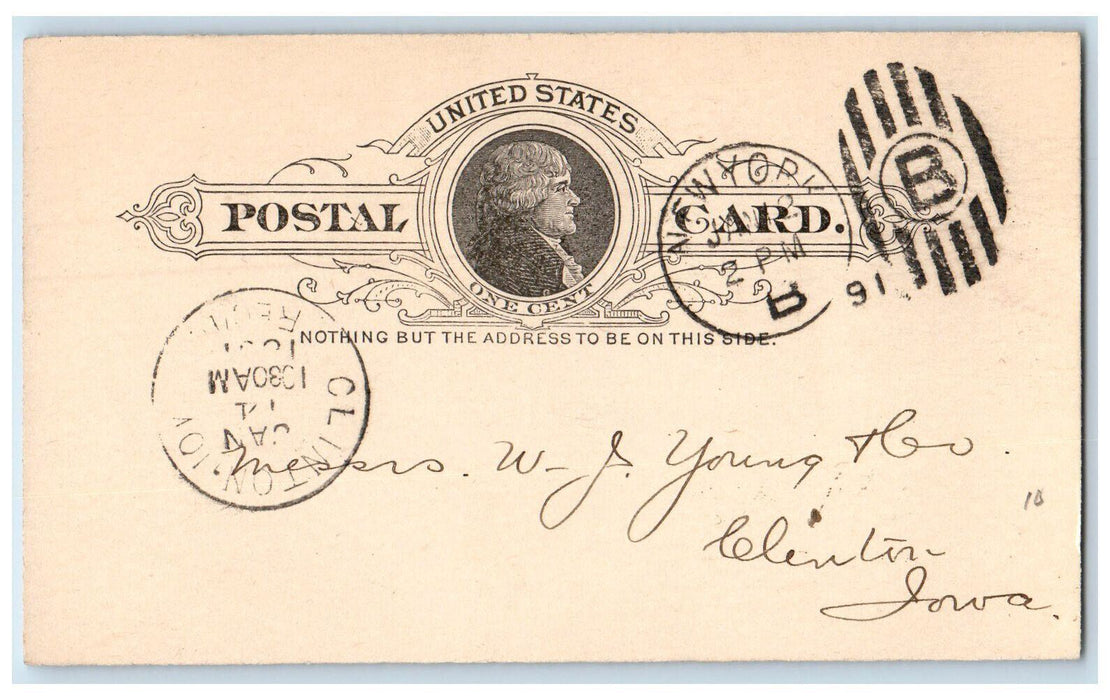 1891 Timberman Fred Aichele New York City NY Clinton IA Posted Postal Card