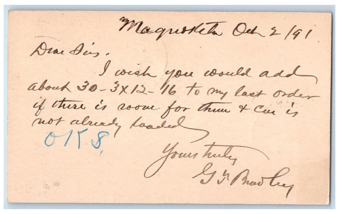1891 Lumber Order G Bradley Maohoketa Iowa IA Clinton IA Posted Postal Card