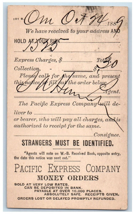 1889 Pacific Express Company Money Orders Omaha Nebraska NE Postal Card