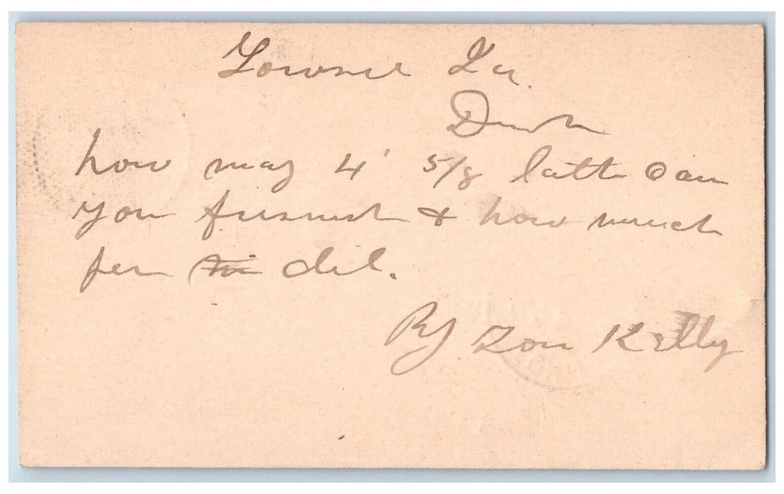 1891 Lumber Furnish Kelly Cowrie Iowa IA Clinton IA WJ Young & Co. Postal Card