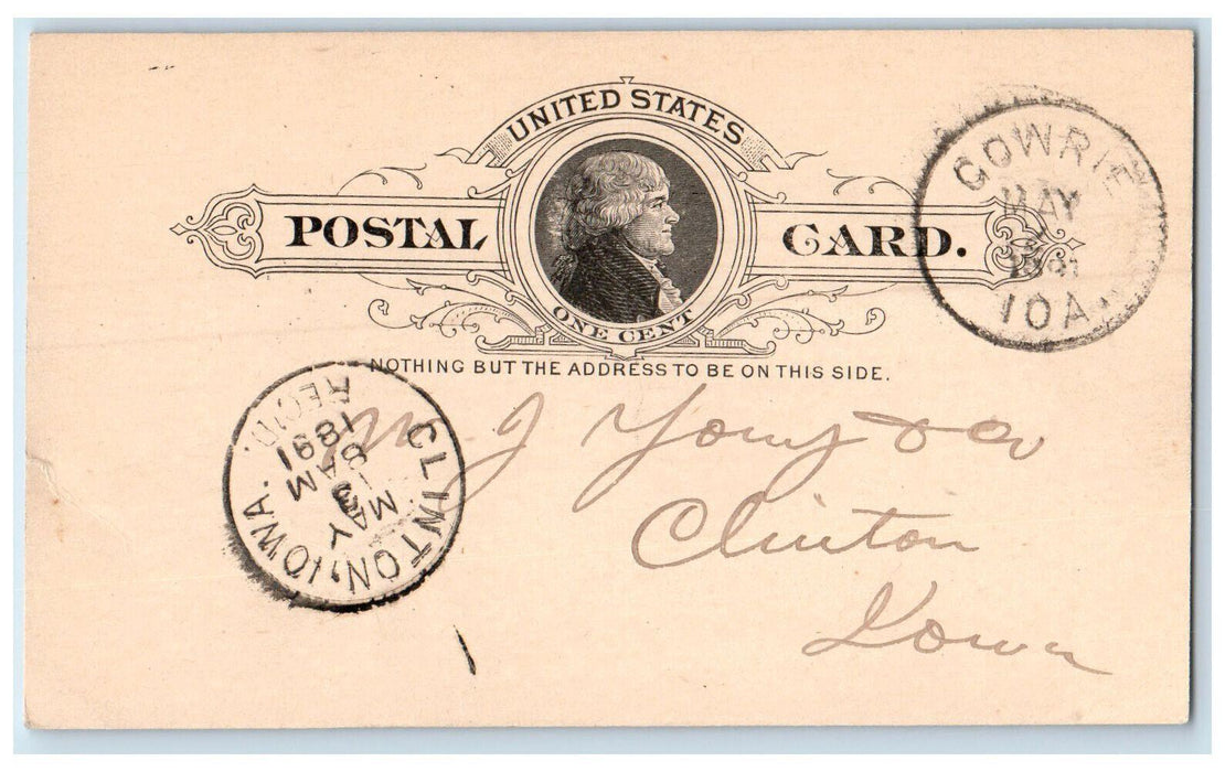1891 Lumber Furnish Kelly Cowrie Iowa IA Clinton IA WJ Young & Co. Postal Card