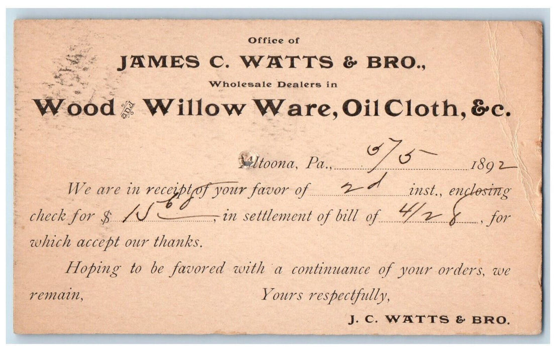 1892 Office of James C Watts & Bro Altoona PA Fleming PA Postal Card