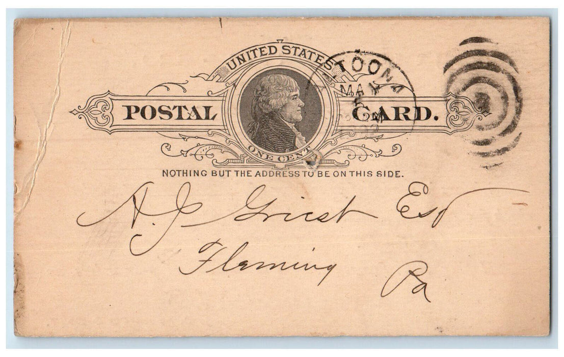 1892 Office of James C Watts & Bro Altoona PA Fleming PA Postal Card