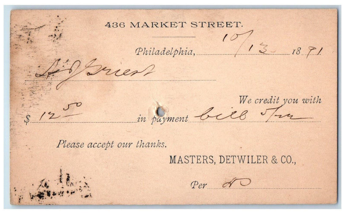 1891 Masters Detwiler & Co 436 Market Street Philadelphia PA Postal Card