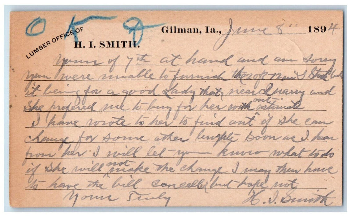 1894 Lumber Office H.I. Smith Gilman Iowa Clinton IA Antique Postal Card