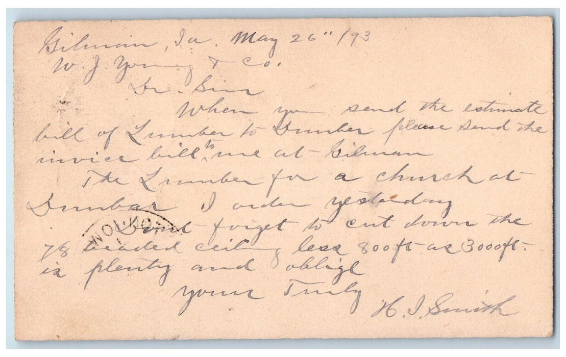 1893 WJ Young & Co. H.I. Smith Lumber Gilman Iowa Clinton IA Postal Card